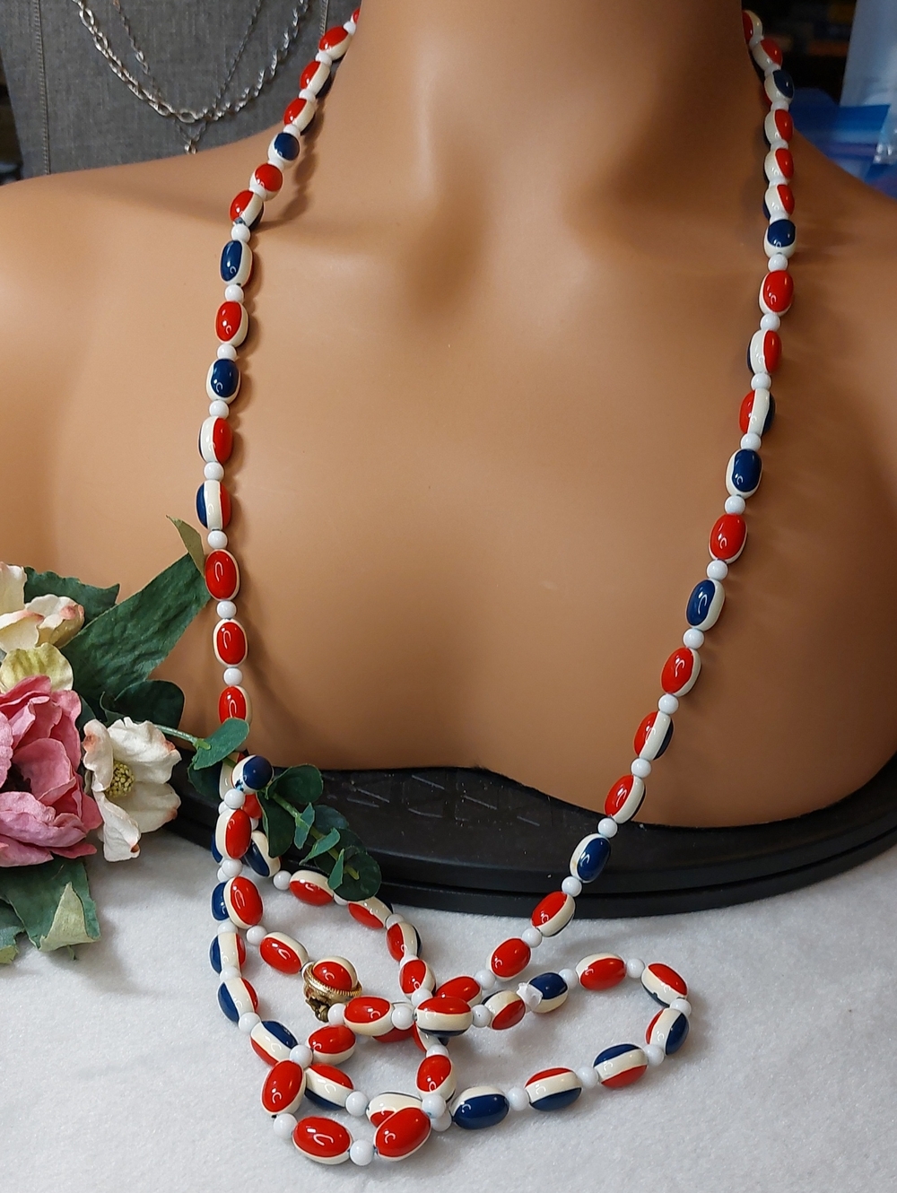 Vintage 1960s Japan Signed Red White Blue Lucite Bead 48" Necklace